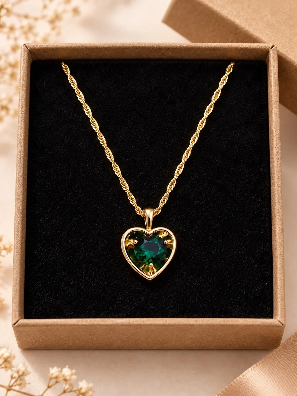 14k. Laminated Gold Heart Pendant Necklace with Green Gem - Women's Jewelry